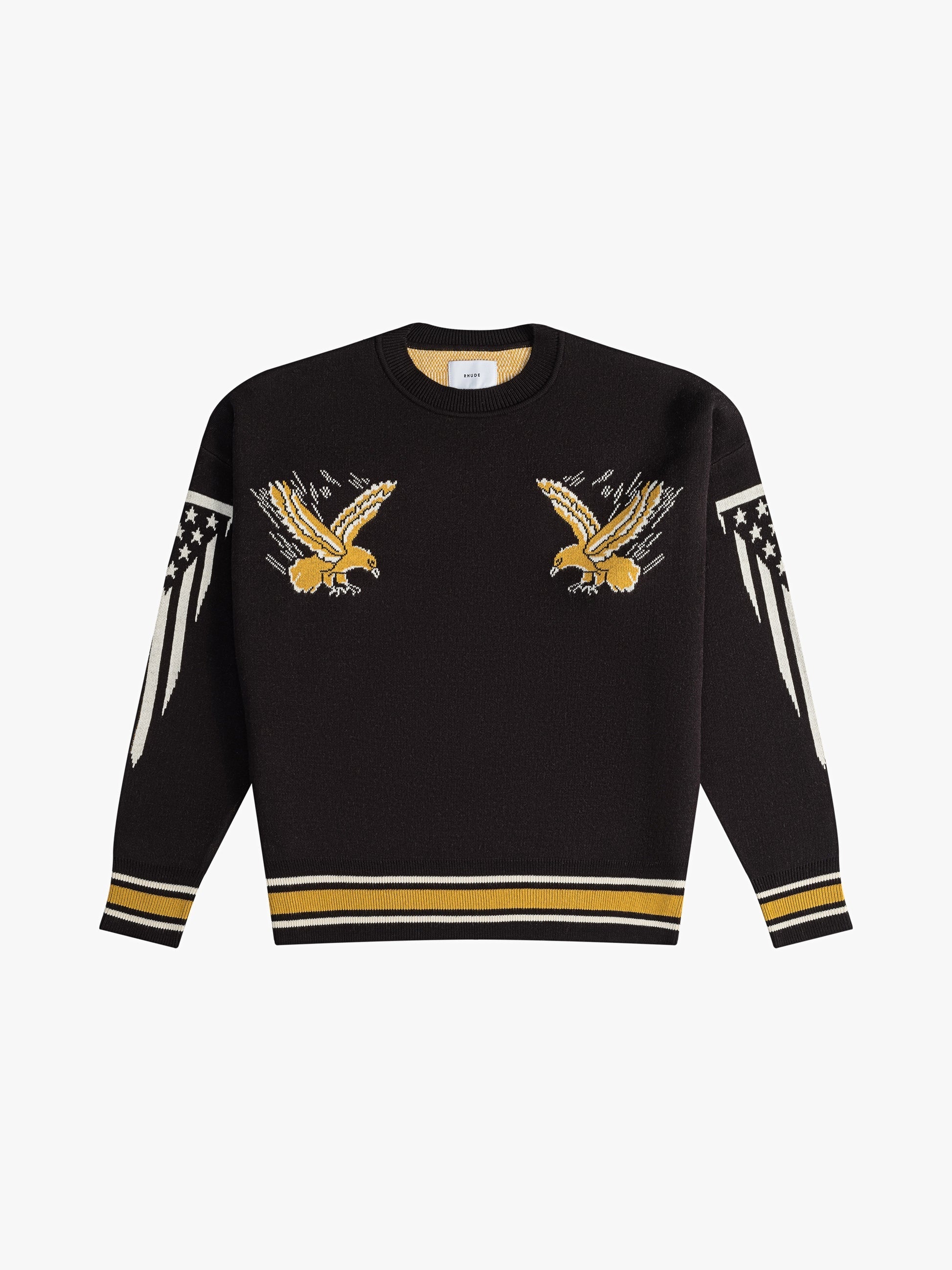RHUDE MEN'S BLACK GOLD CASHMERE KNIT CREWNECK SWEATER