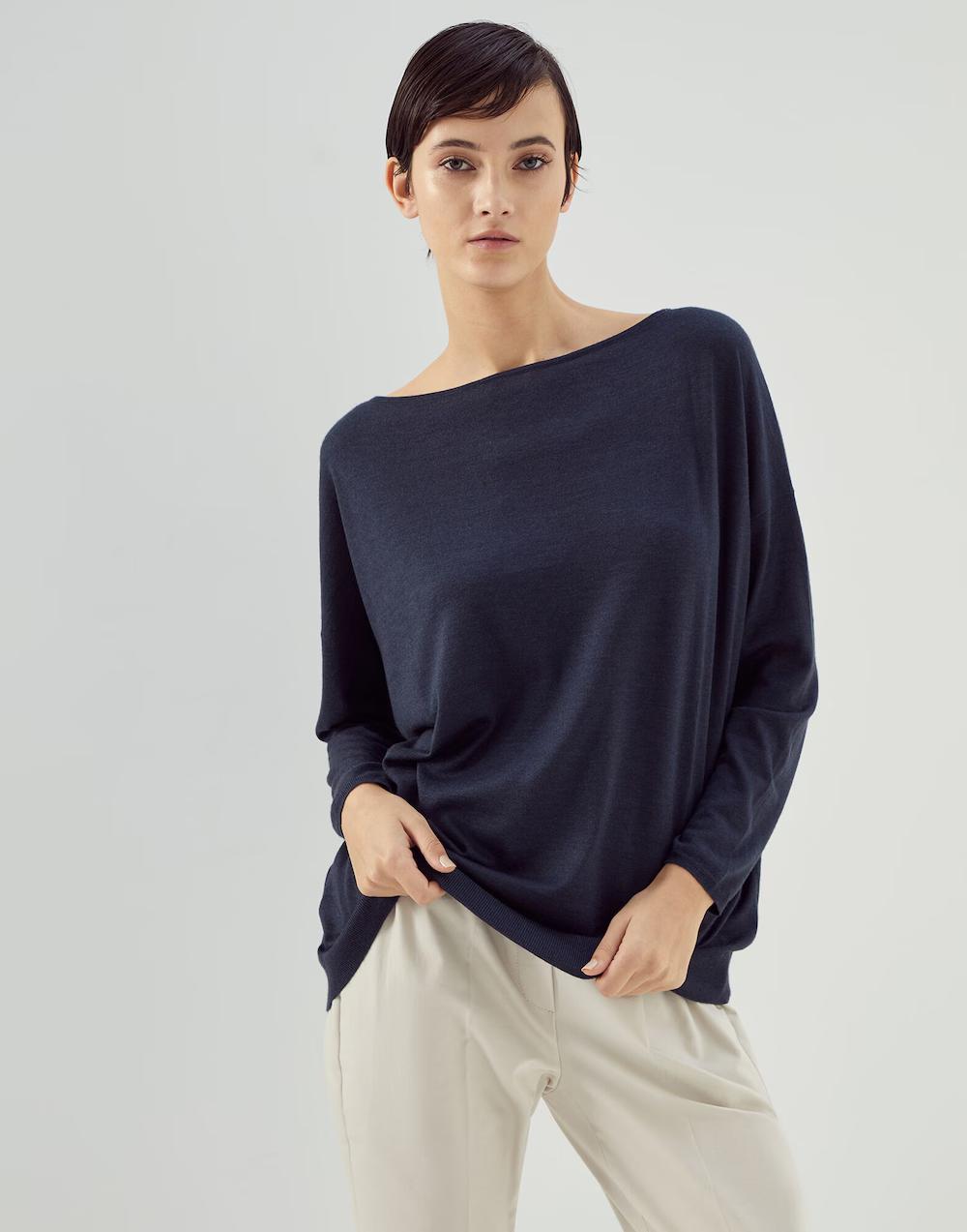 BRUNELLO CUCINELLI WOMEN'S COLD BLUE WOOL SILK BOAT NECK SHIRT