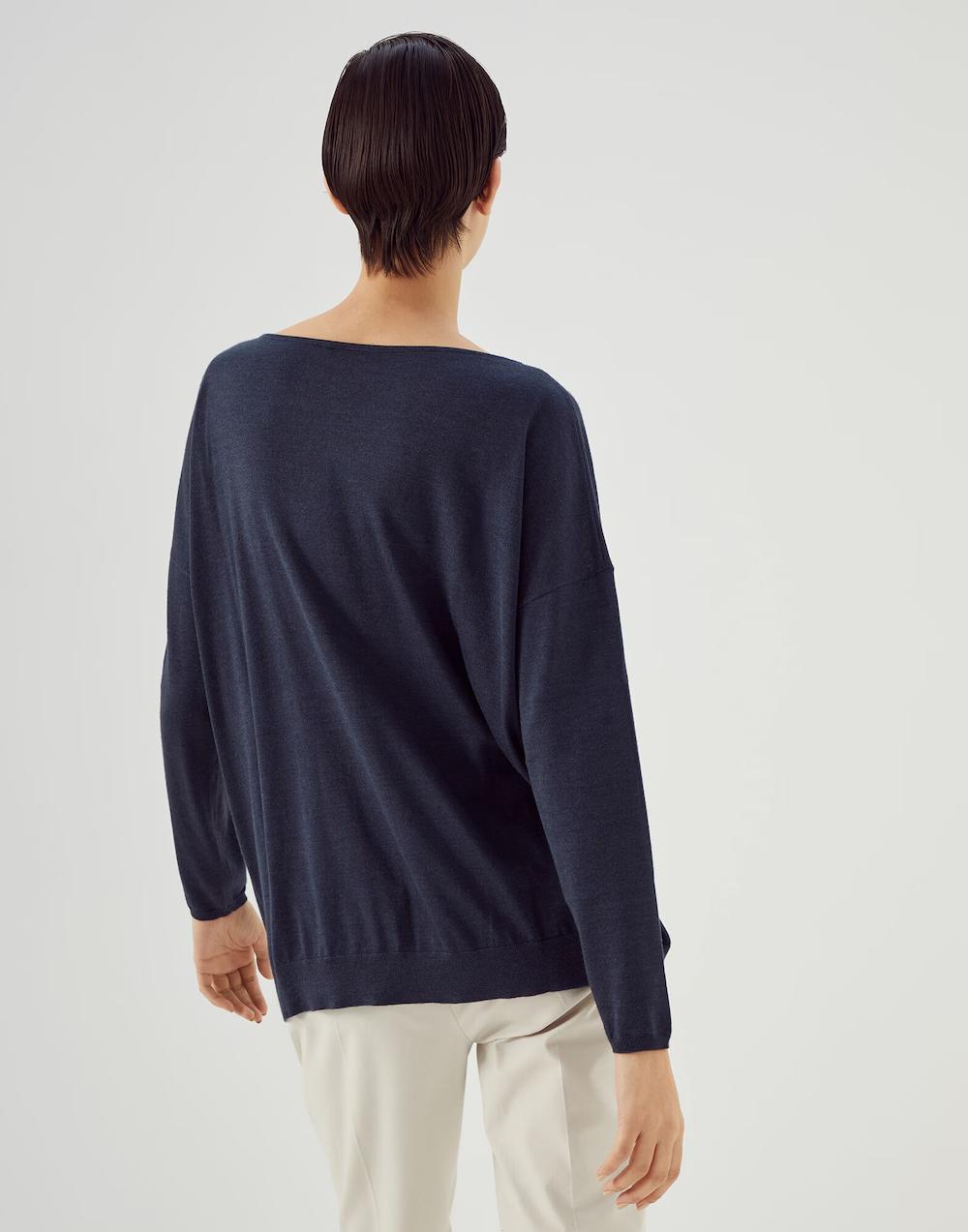 BRUNELLO CUCINELLI WOMEN'S COLD BLUE WOOL SILK BOAT NECK SHIRT