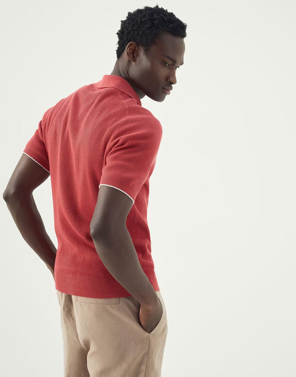 BRUNELLO CUCINELLI MEN'S RED SHORT-SLEEVE KNIT POLO SWEATER