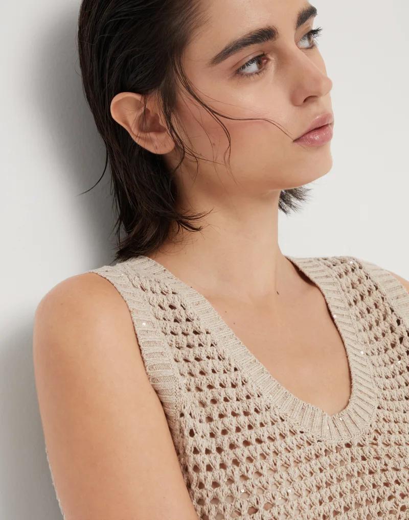 BRUNELLO CUCINELLI WOMEN'S BEIGE OPENWORK KNIT SWEATER