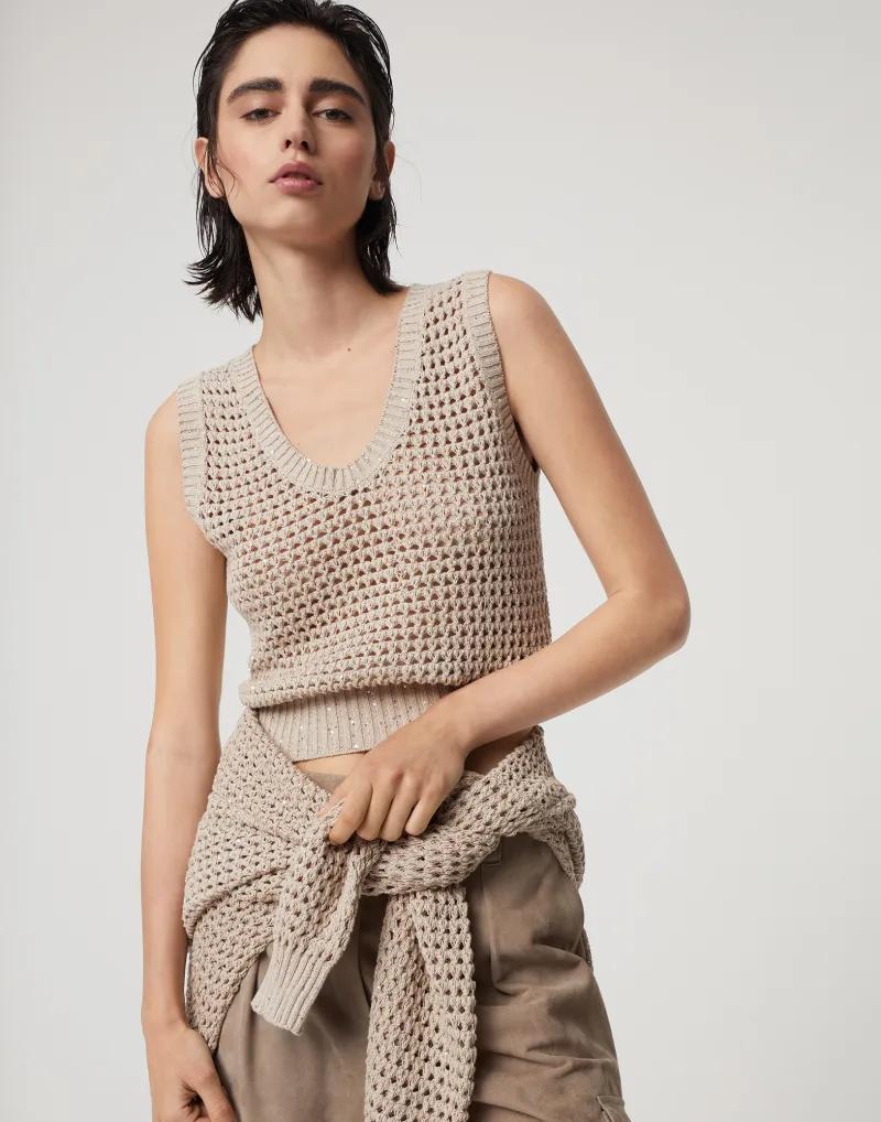 BRUNELLO CUCINELLI WOMEN'S BEIGE OPENWORK KNIT SWEATER