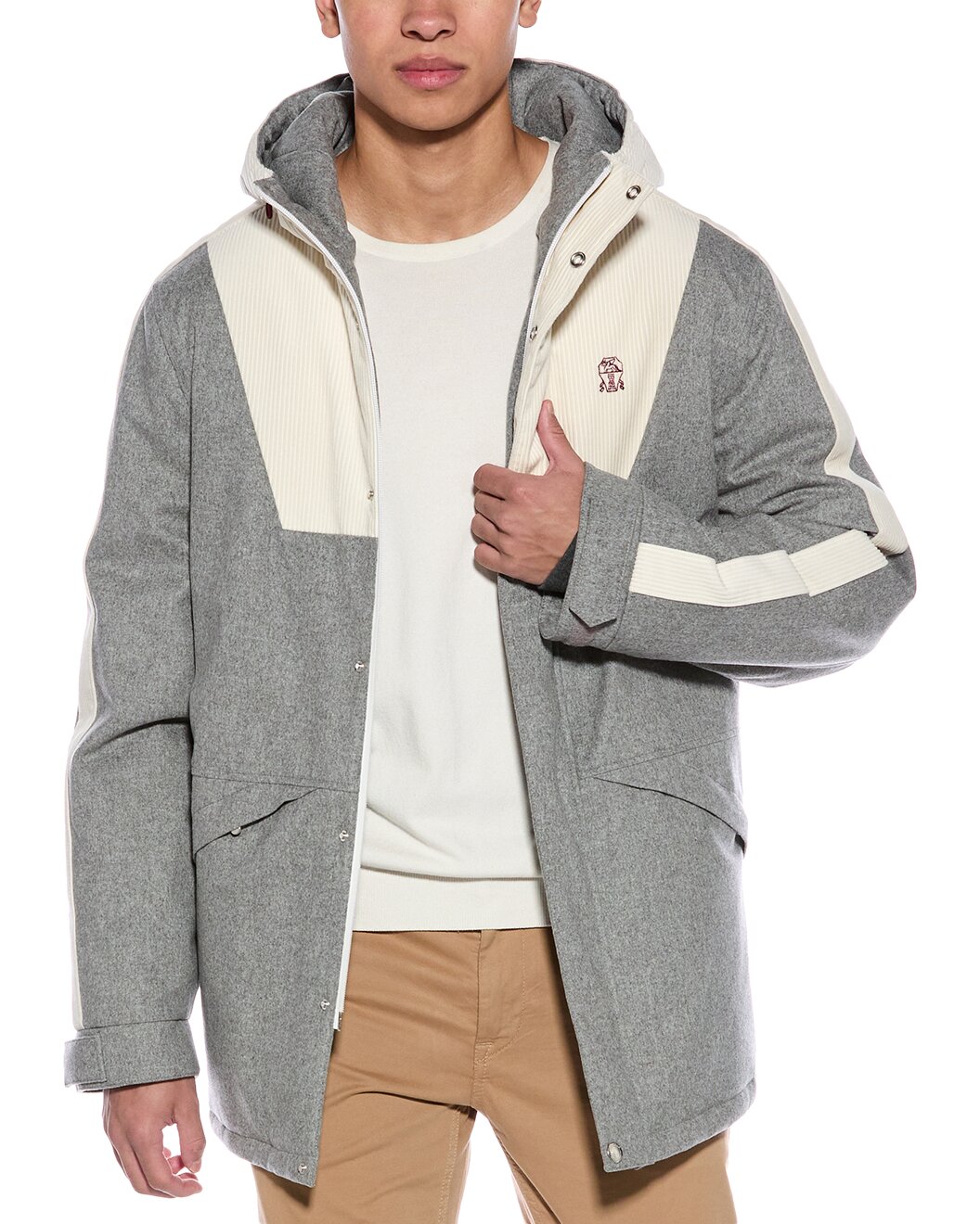 BRUNELLO CUCINELLI MEN'S LIGHT GREY HOODED JACKET
