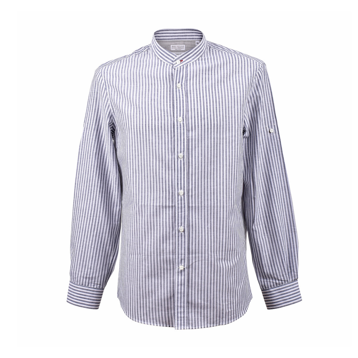 BRUNELLO CUCINELLI MEN'S WHITE BLUE STRIPED LINEN SHIRT