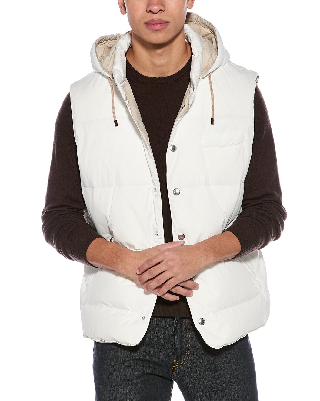 BRUNELLO CUCINELLI MEN'S OFF-WHITE SLEEVELESS QUILTED VEST