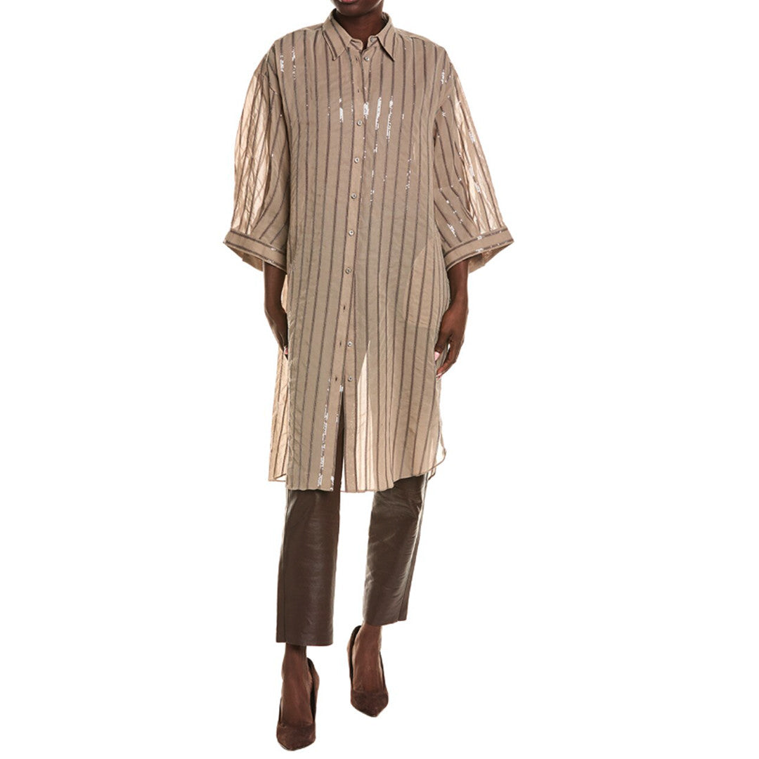 BRUNELLO CUCINELLI WOMEN'S COFFEE CREAM LONG SEQUIN STRIPED COTTON SHIRT