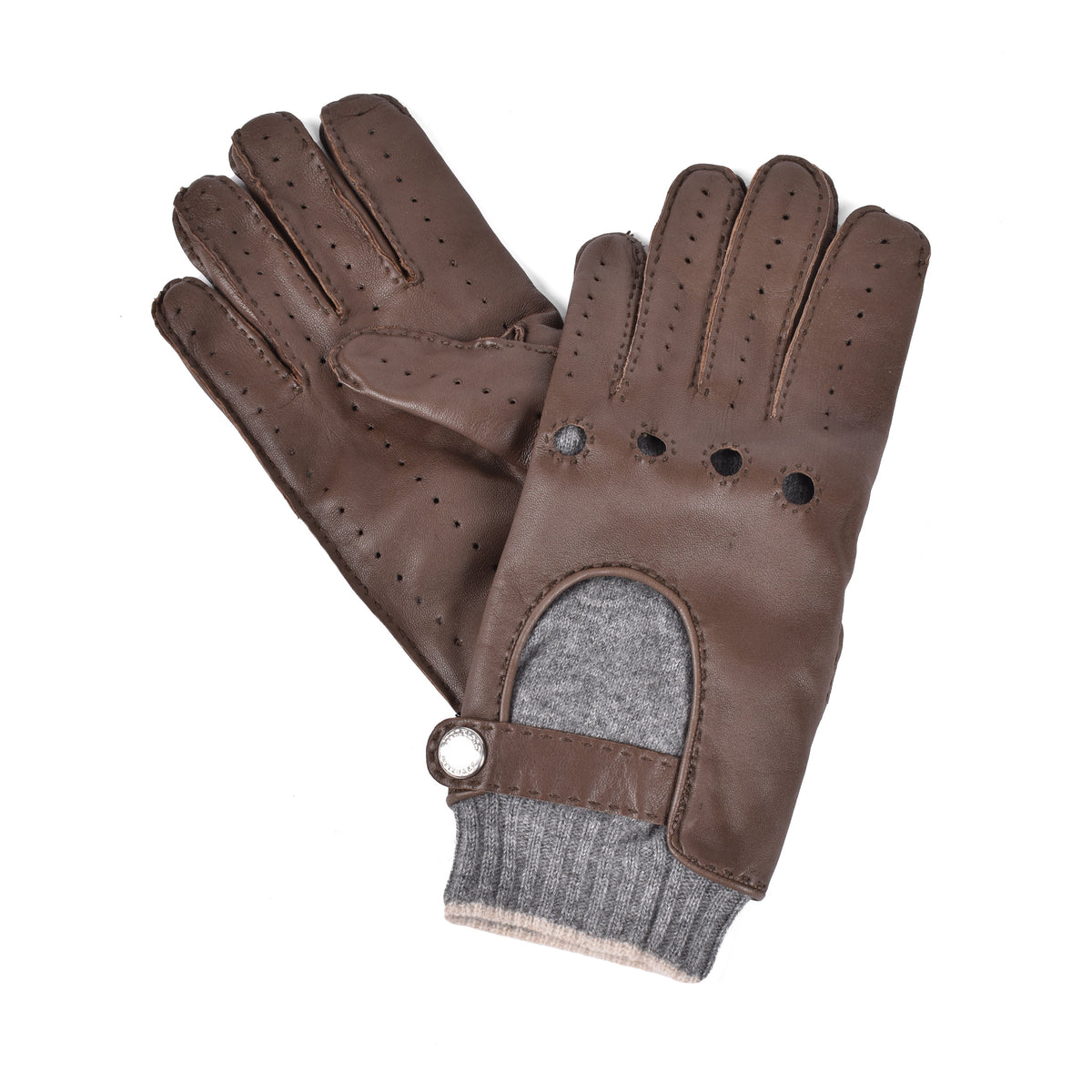 BRUNELLO CUCINELLI MEN'S BROWN LEATHER KNIT CUFF DRIVING GLOVES