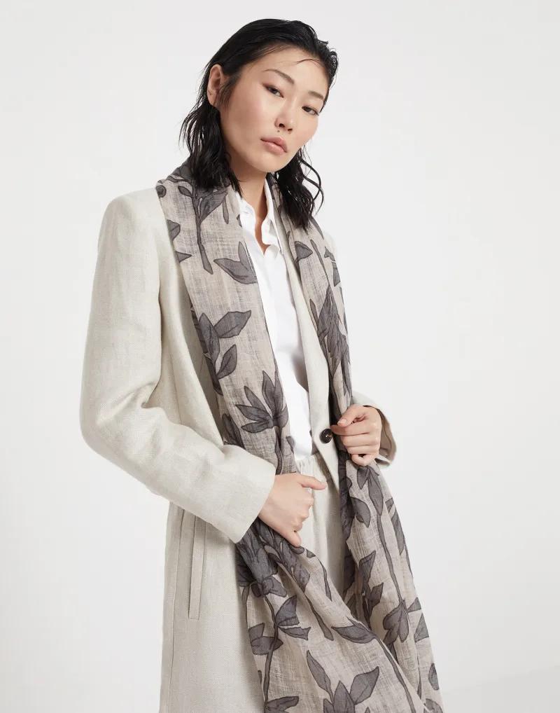BRUNELLO CUCINELLI WOMEN'S BEIGE LINEN FLORAL SCARF