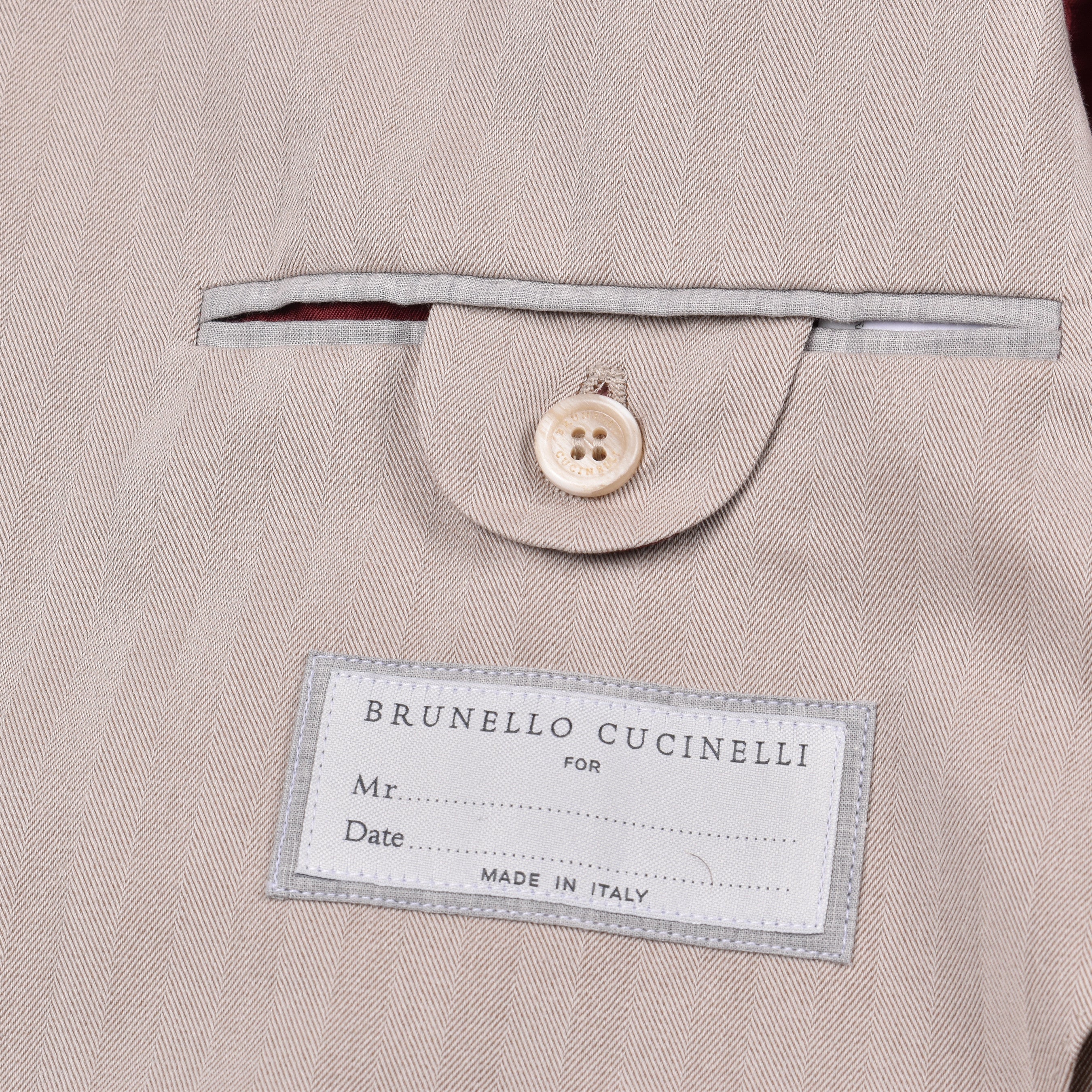 BRUNELLO CUCINELLI MEN'S TAUPE DOUBLE-BREASTED SUIT JACKET