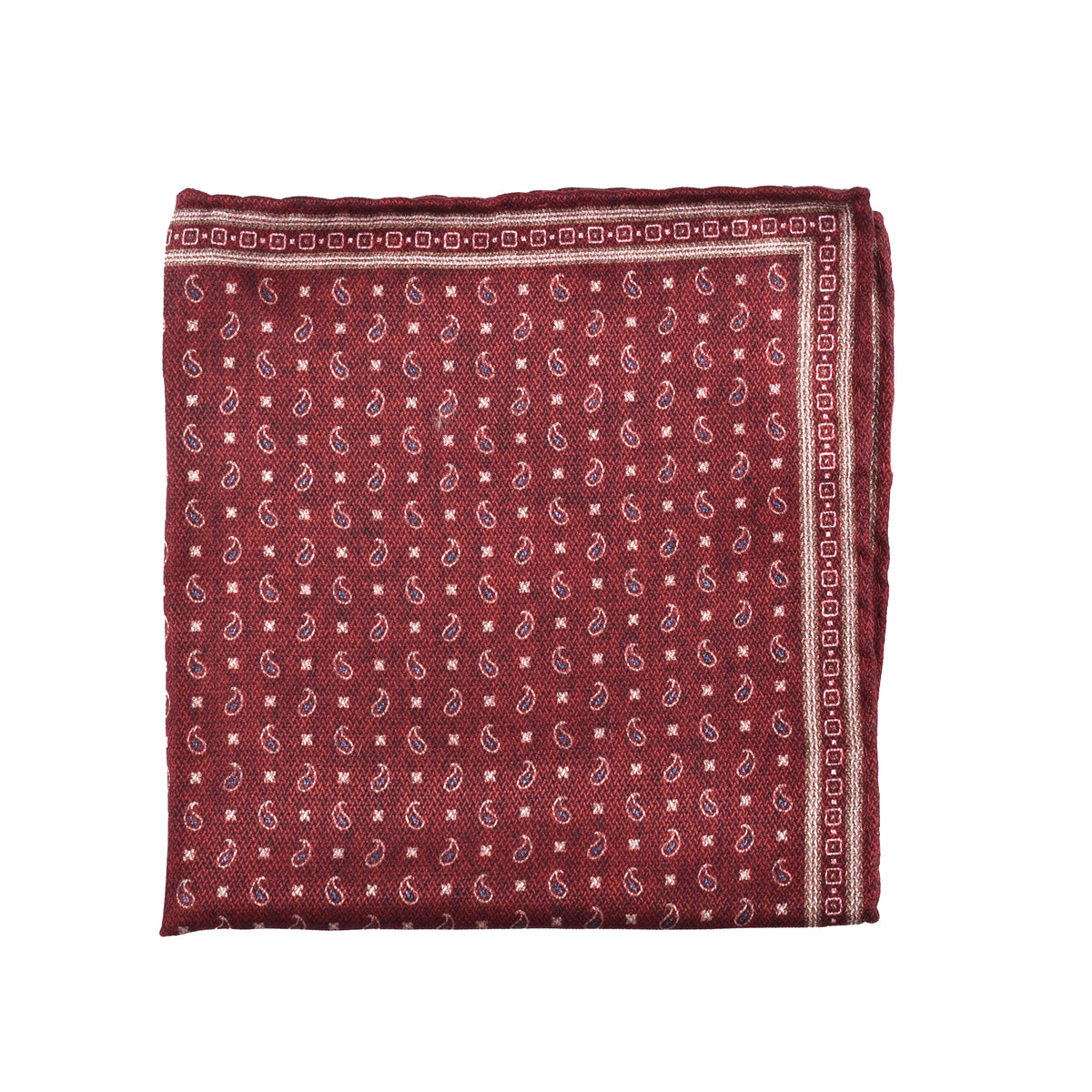 BRUNELLO CUCINELLI MEN'S BURGUNDY TWO TONE GEOMETRIC SILK POCKET SQUARE