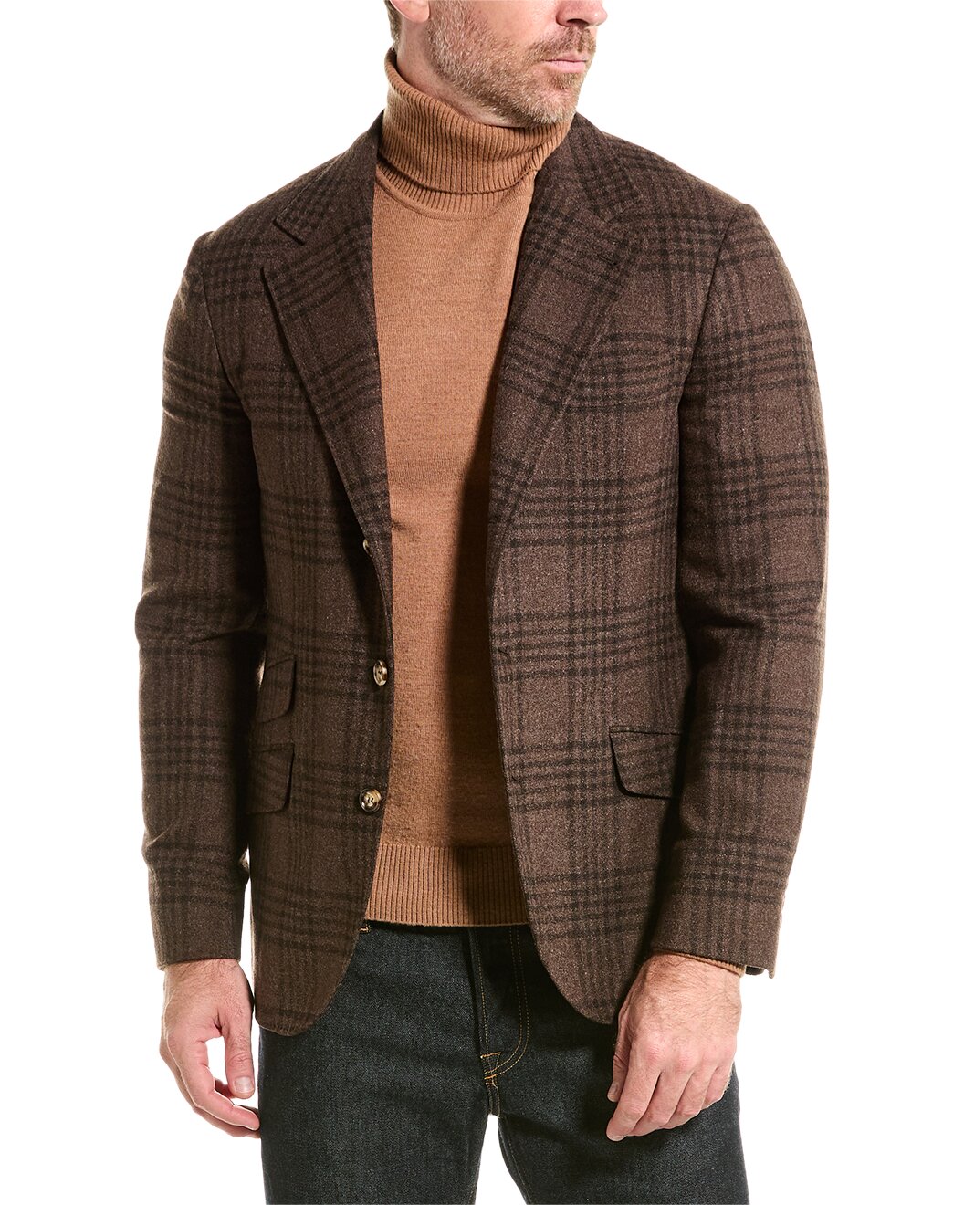 BRUNELLO CUCINELLI MEN'S COFFEE WOOL SILK BLEND CHECKED BLAZER