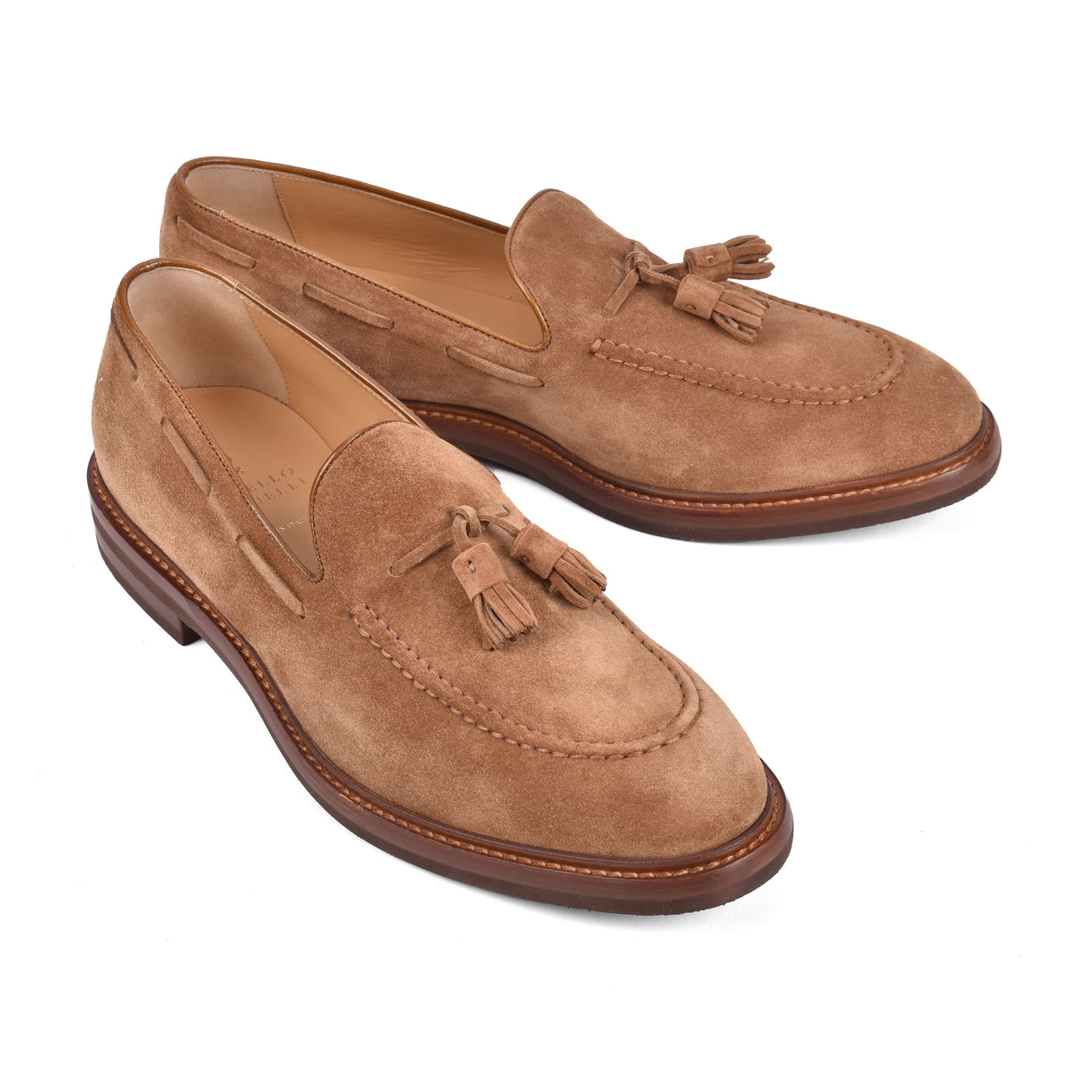 BRUNELLO CUCINELLI MEN'S LIGHT BROWN SUEDE TASSEL LOAFERS
