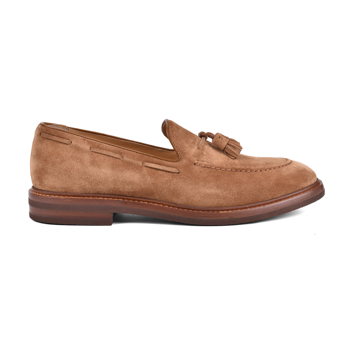 BRUNELLO CUCINELLI MEN'S LIGHT BROWN SUEDE TASSEL LOAFERS