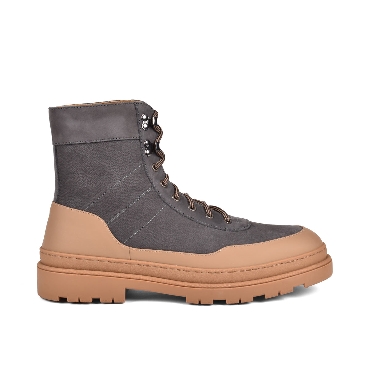 BRUNELLO CUCINELLI MEN'S TWO TONE GREY AND TAN LEATHER HIKING BOOTS