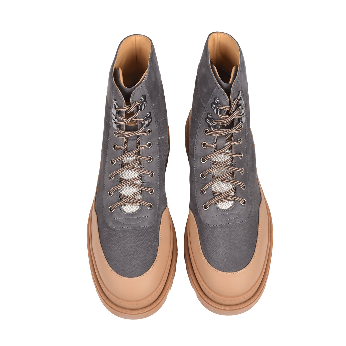 BRUNELLO CUCINELLI MEN'S TWO TONE GREY AND TAN LEATHER HIKING BOOTS