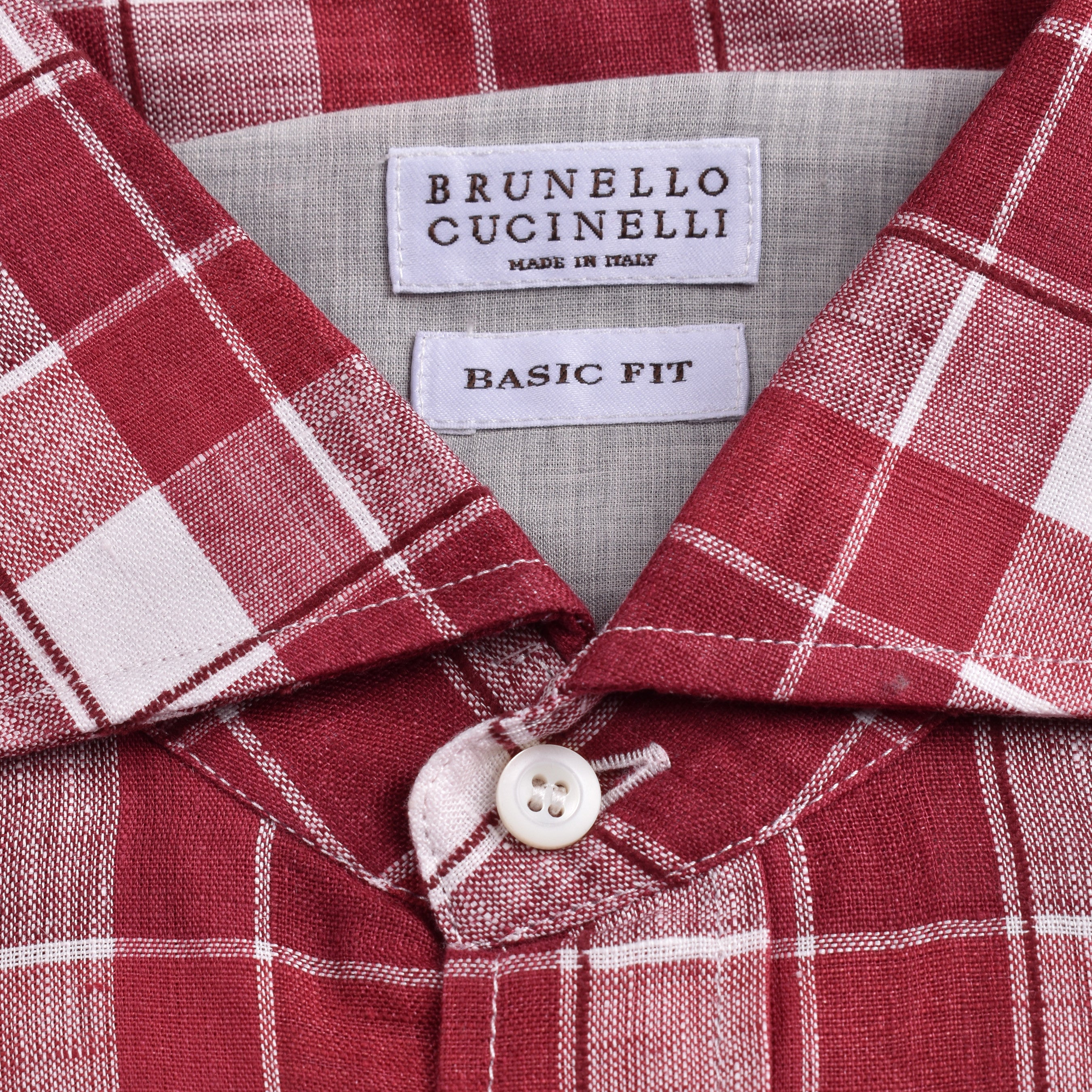 BRUNELLO CUCINELLI MEN'S RED LINEN BLEND PLAID BUTTON-DOWN SHIRT