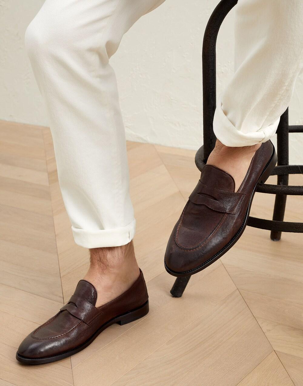 BRUNELLO CUCINELLI MEN'S CHESTNUT LEATHER PENNY LOAFER SHOE