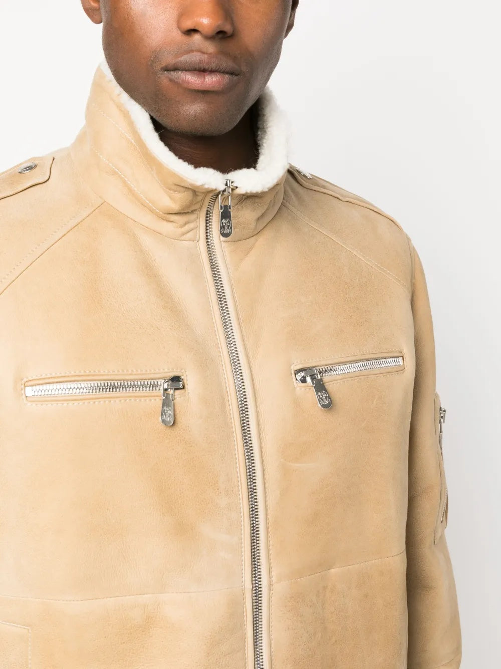 BRUNELLO CUCINELLI MEN'S BEIGE SHEARLING COLLAR ZIP FRONT JACKET