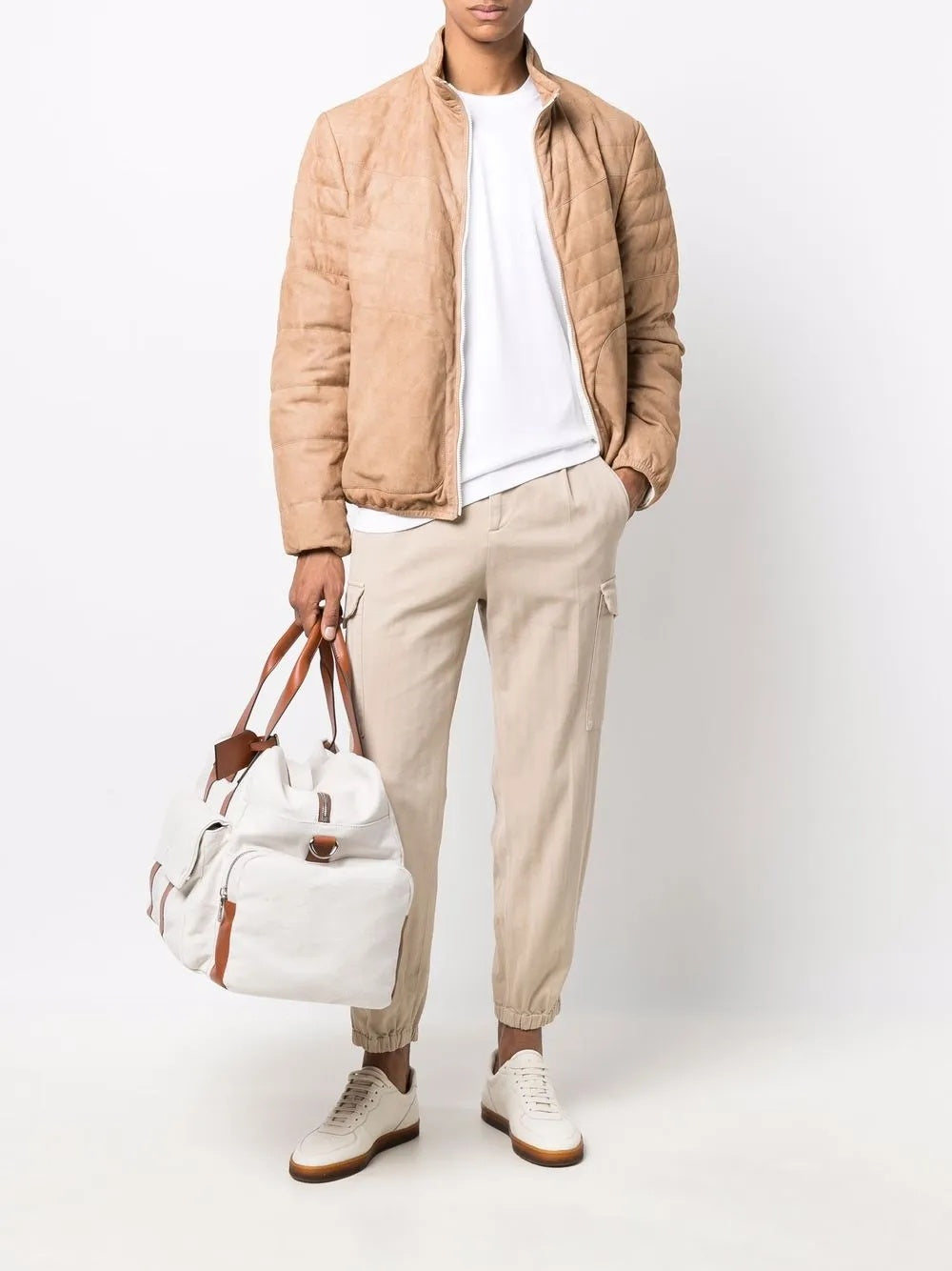 BRUNELLO CUCINELLI MEN'S BEIGE CARGO PANTS WITH ELASTIC CUFFS