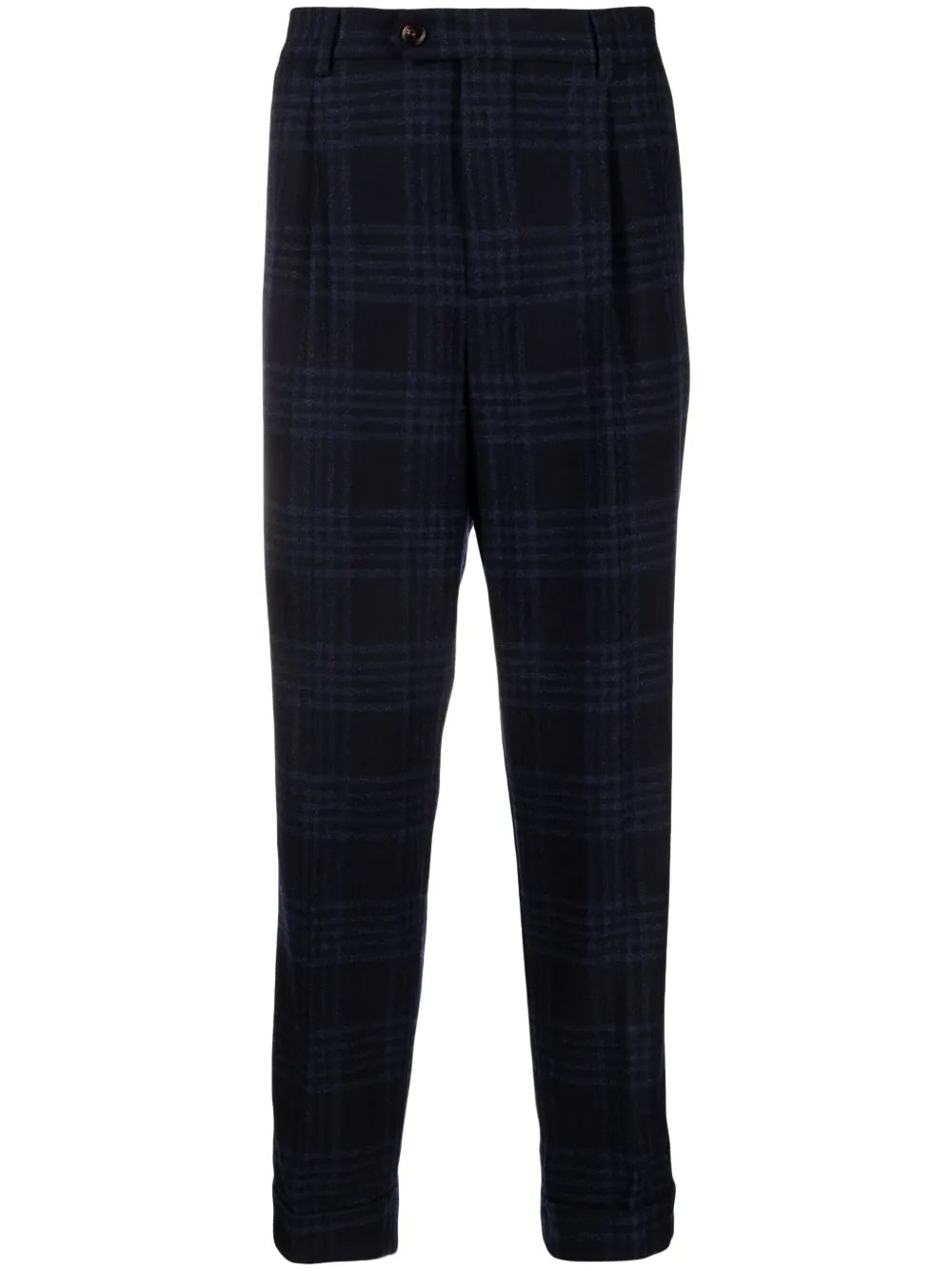 BRUNELLO CUCINELLI MEN'S NAVY WOOL PLAID TROUSERS