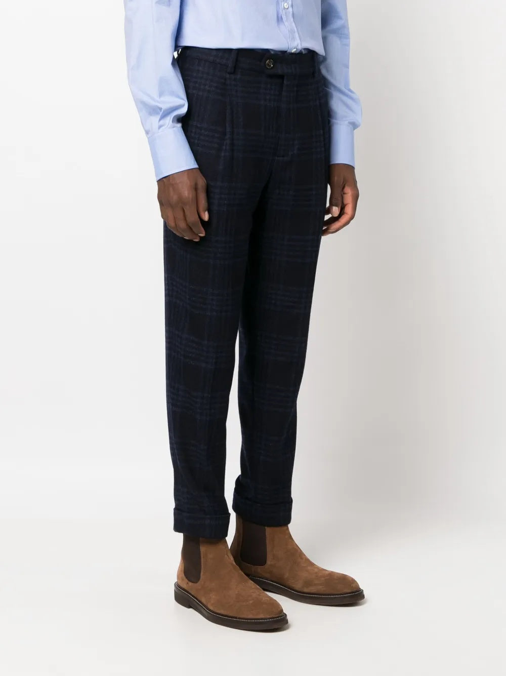 BRUNELLO CUCINELLI MEN'S NAVY WOOL PLAID TROUSERS