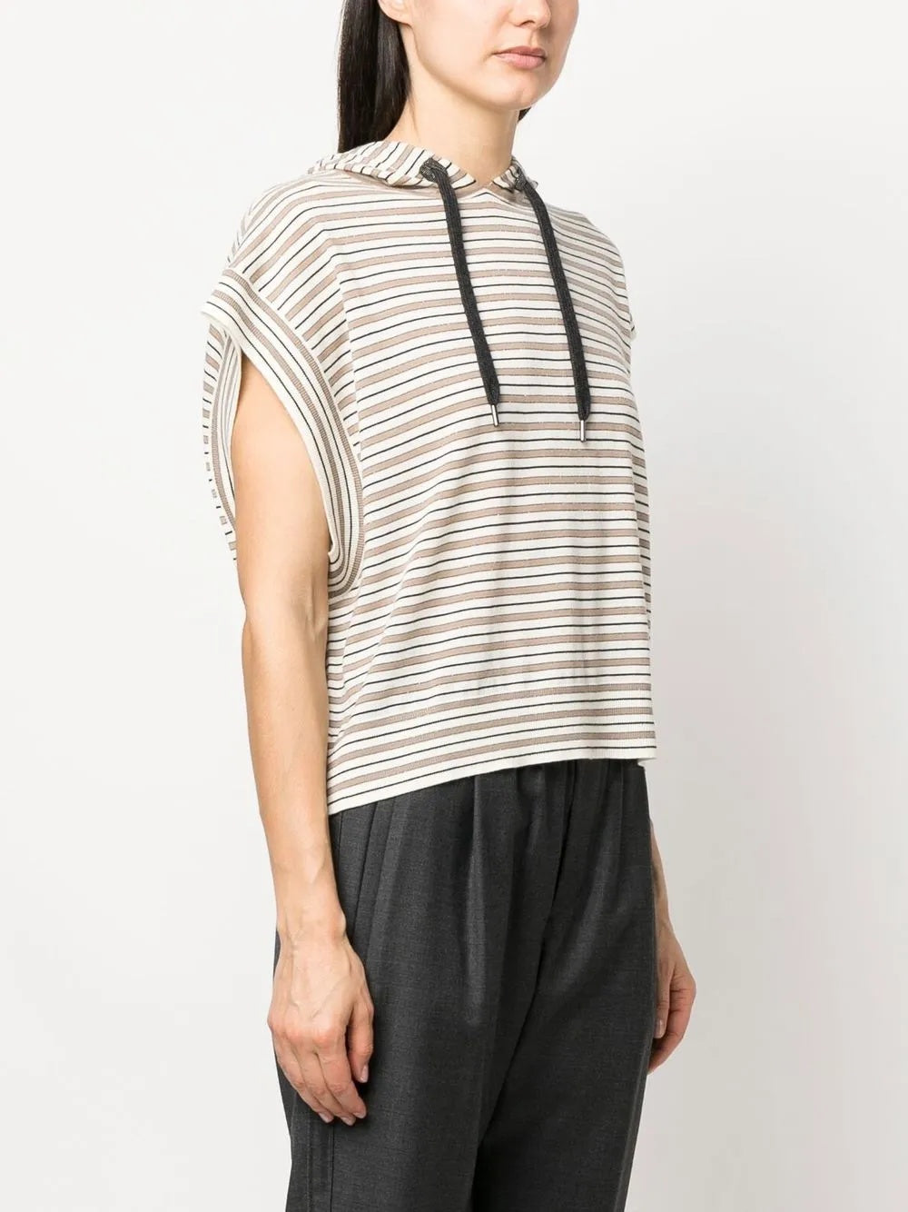 BRUNELLO CUCINELLI WOMEN'S STRIPED SLEEVELESS HOODED SWEATER