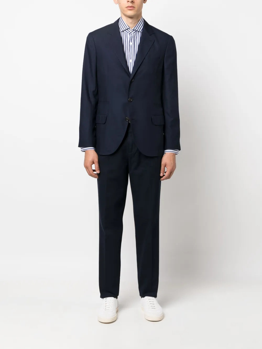 BRUNELLO CUCINELLI MEN'S BLUE WHITE STRIPED COTTON SHIRT