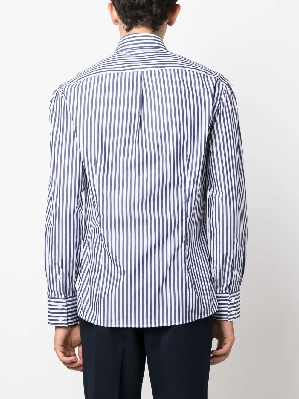 BRUNELLO CUCINELLI MEN'S BLUE WHITE STRIPED COTTON SHIRT