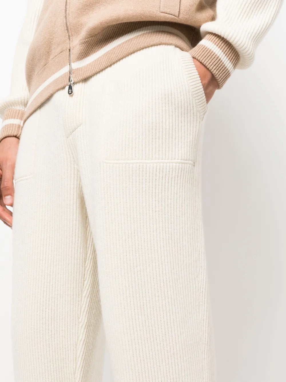BRUNELLO CUCINELLI MEN'S CREAM RIBBED KNIT DRAWSTRING TROUSERS