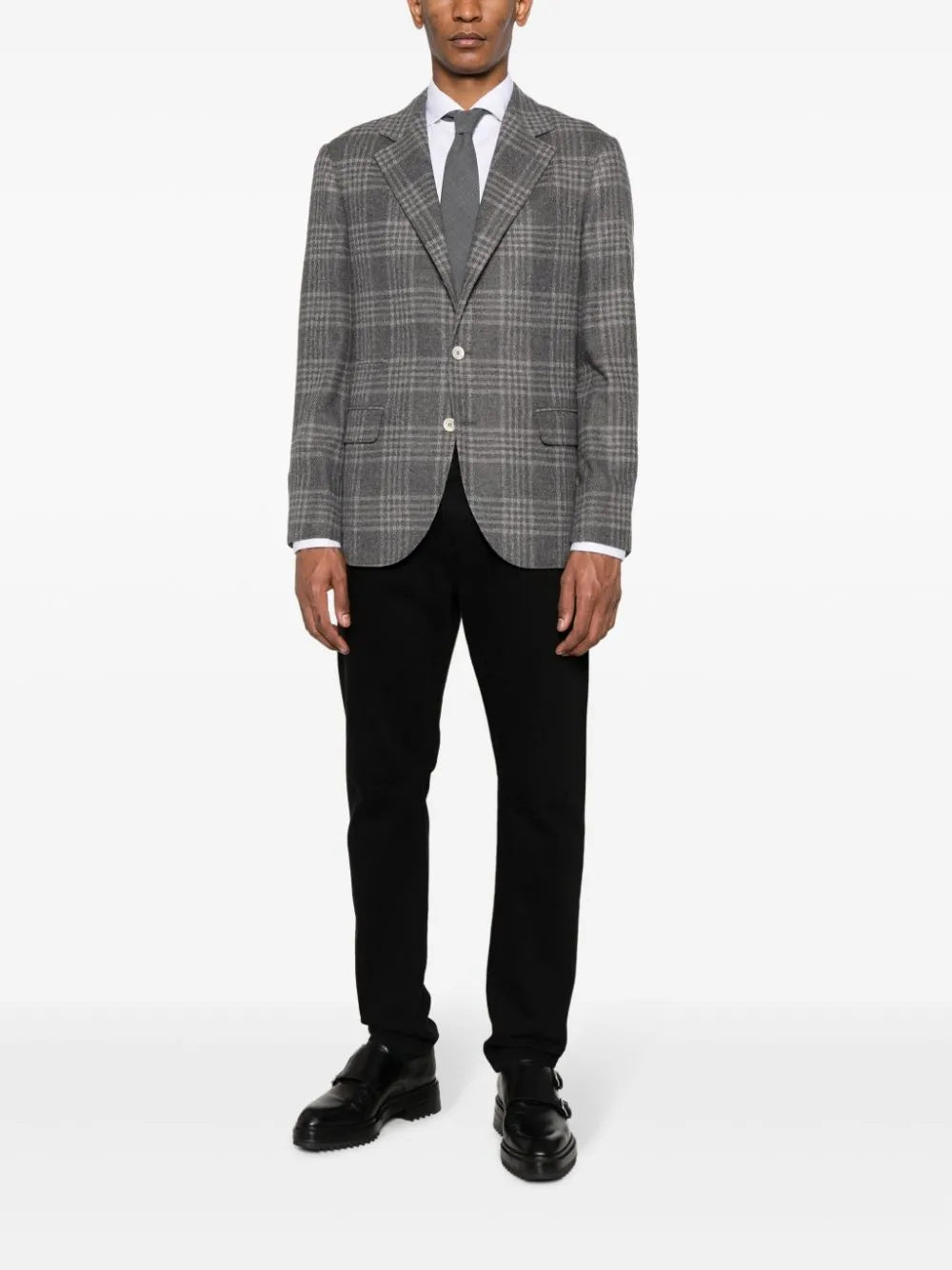 BRUNELLO CUCINELLI MEN'S GREY WOOL PLAID BLAZER