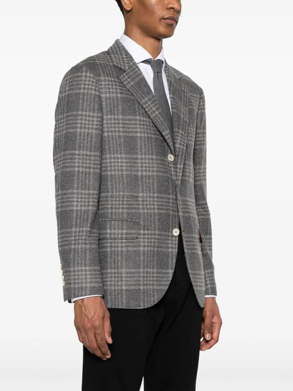 BRUNELLO CUCINELLI MEN'S GREY WOOL PLAID BLAZER