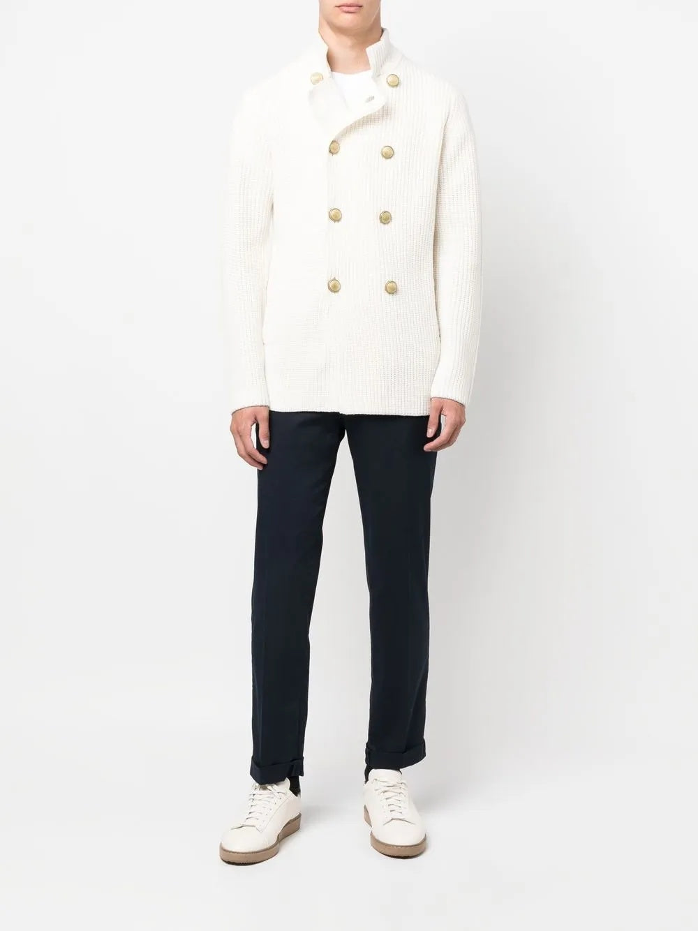 BRUNELLO CUCINELLI MEN'S OFF WHITE DOUBLE BREASTED SWEATER