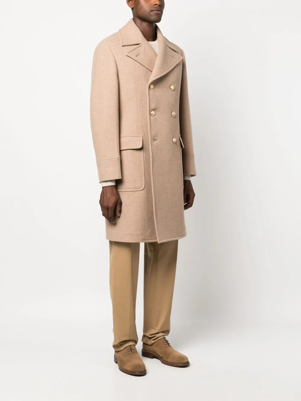 BRUNELLO CUCINELLI MEN'S LIGHT CAMEL WOOL DOUBLE BREASTED JACKET