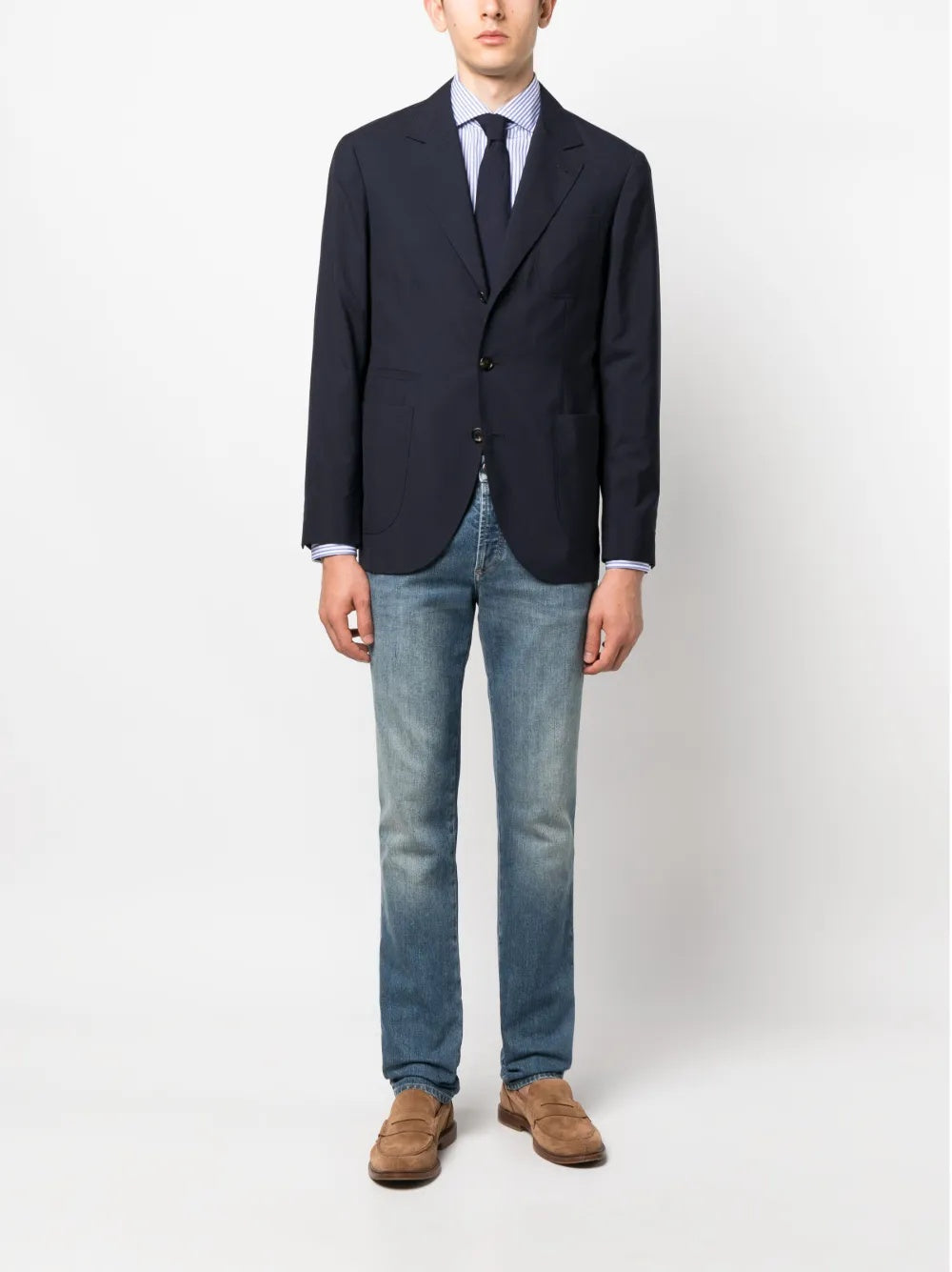 BRUNELLO CUCINELLI MEN'S BLUE STRIPED BUTTON-DOWN SHIRT