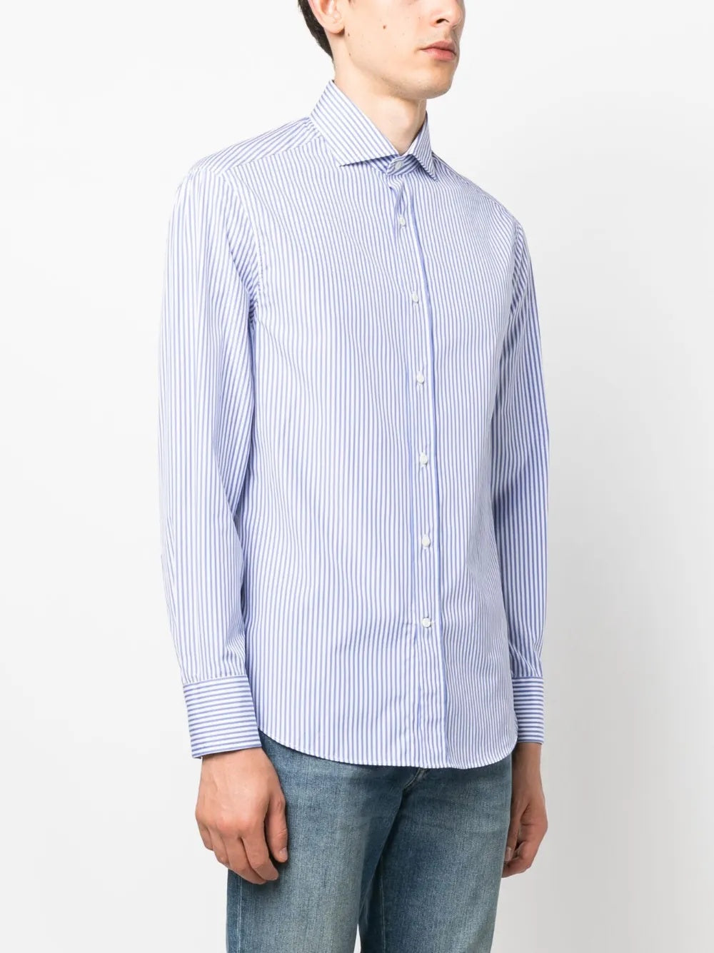 BRUNELLO CUCINELLI MEN'S BLUE STRIPED BUTTON-DOWN SHIRT