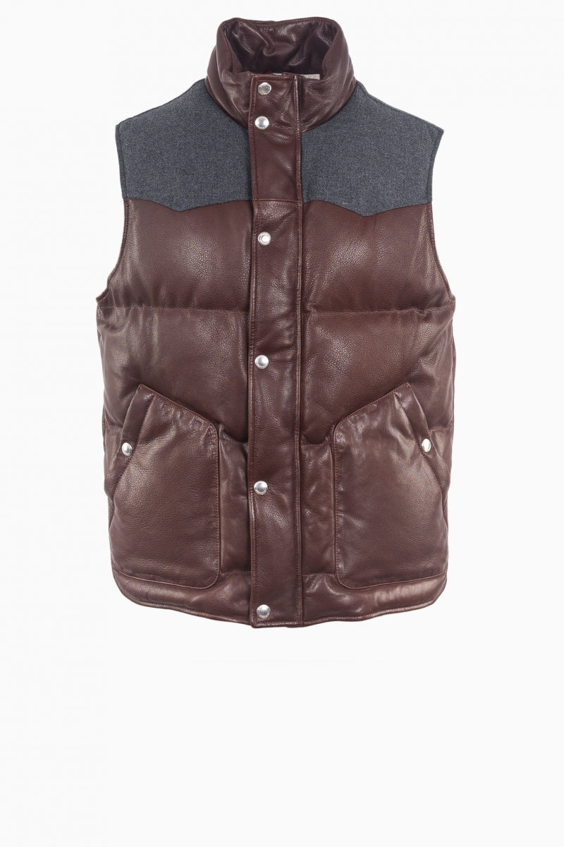BRUNELLO CUCINELLI MEN'S BROWN LEATHER PUFFER VEST
