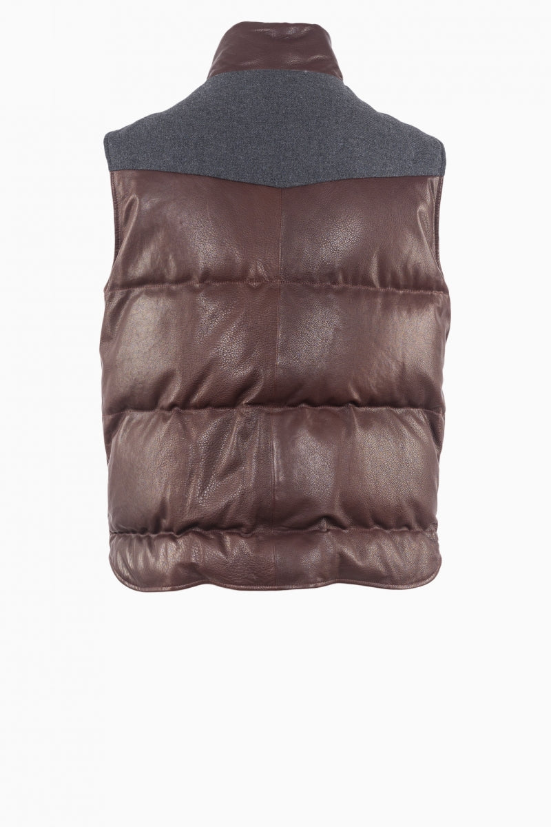 BRUNELLO CUCINELLI MEN'S BROWN LEATHER PUFFER VEST