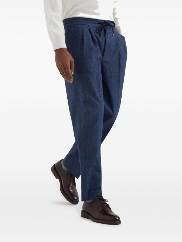 BRUNELLO CUCINELLI MEN'S BLUE PLEATED DRAWSTRING TROUSERS