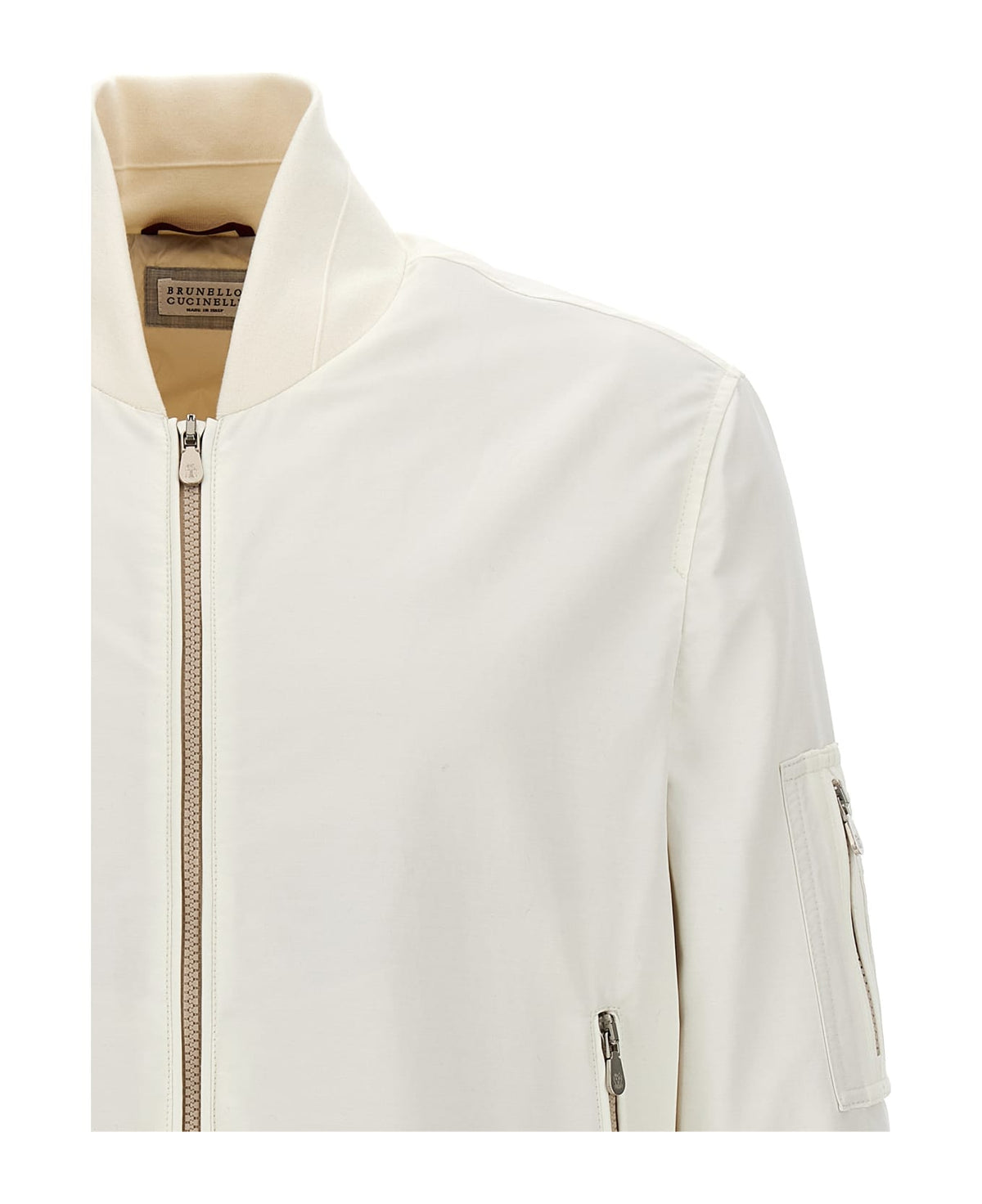 BRUNELLO CUCINELLI MEN'S IVORY BOMBER JACKET WITH ZIPPER