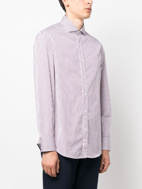 BRUNELLO CUCINELLI MEN'S WHITE AND BORDEAUX STRIPED SHIRT
