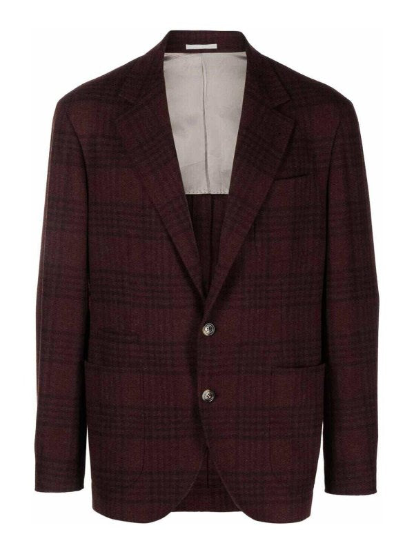BRUNELLO CUCINELLI MEN'S BURGUNDY WOOL SILK BLAZER