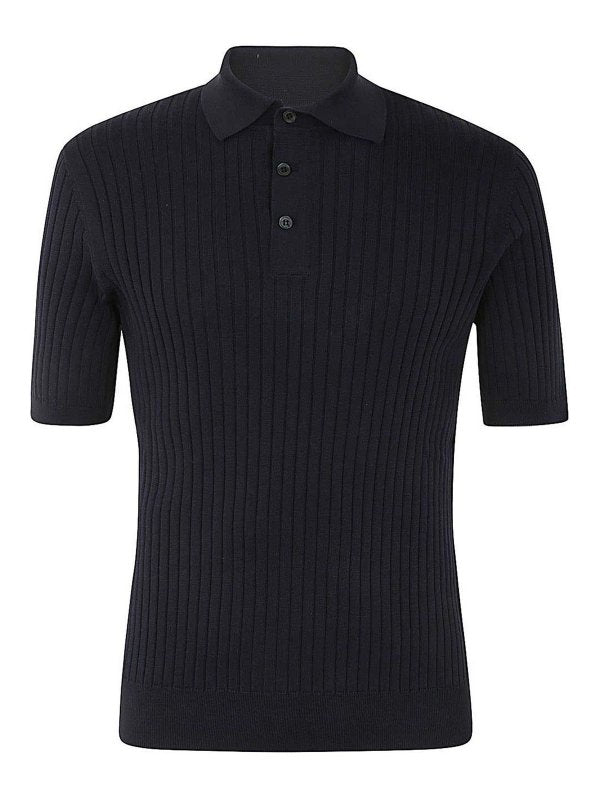 BRUNELLO CUCINELLI MEN'S NAVY COTTON RIBBED POLO SWEATER