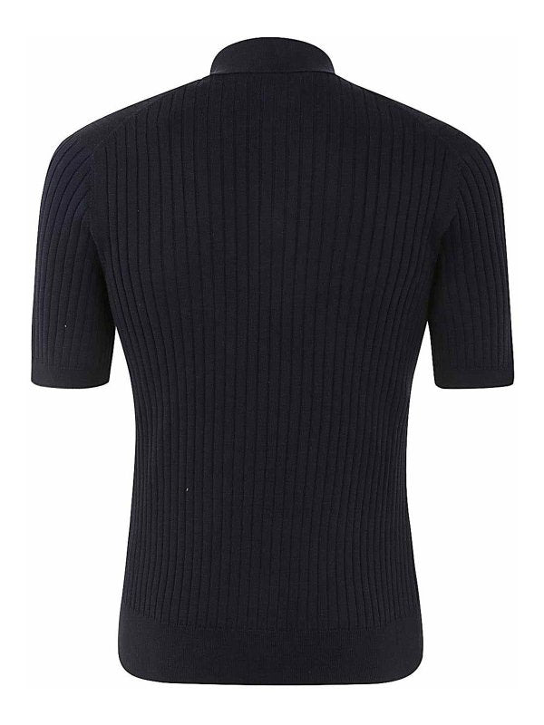 BRUNELLO CUCINELLI MEN'S NAVY COTTON RIBBED POLO SWEATER