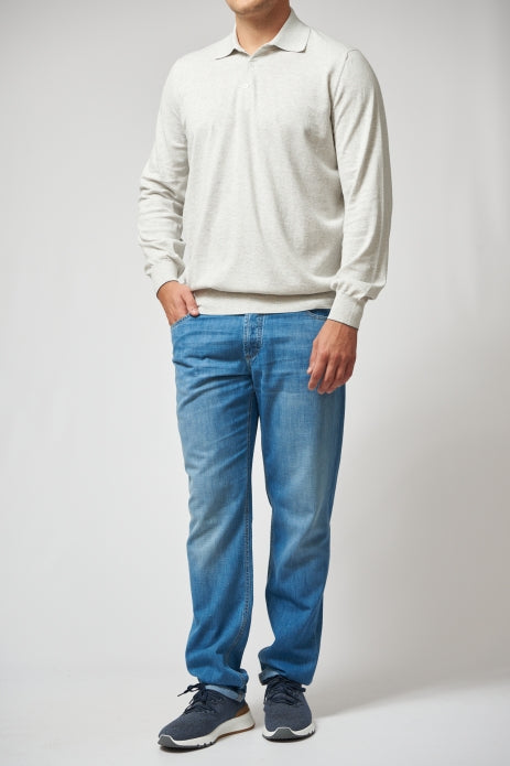 BRUNELLO CUCINELLI MEN'S FOG COTTON POLO SWEATER