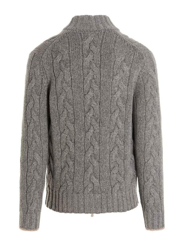 BRUNELLO CUCINELLI MEN'S LIGHT GREY WOOL CABLE KNIT ZIP SWEATER