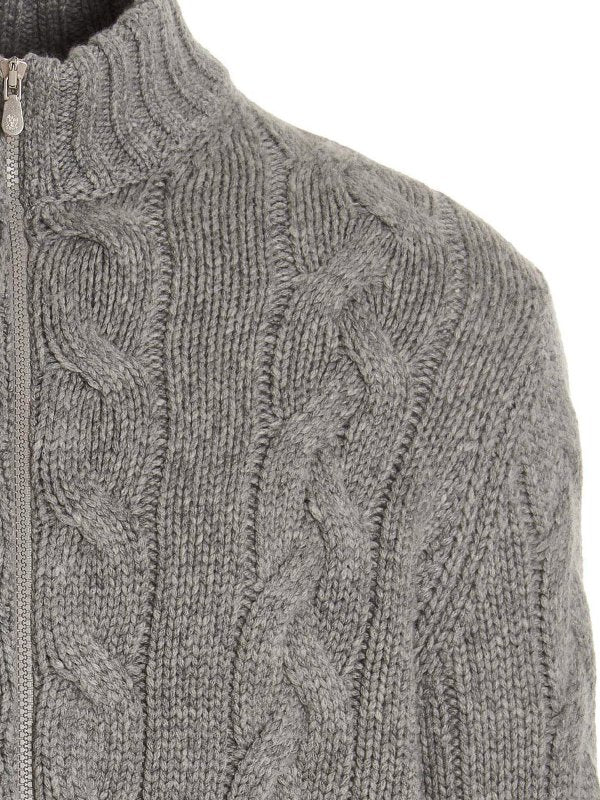 BRUNELLO CUCINELLI MEN'S LIGHT GREY WOOL CABLE KNIT ZIP SWEATER