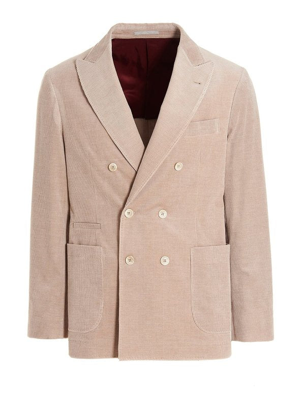 BRUNELLO CUCINELLI MEN'S SAND DOUBLE-BREASTED CORDUROY BLAZER