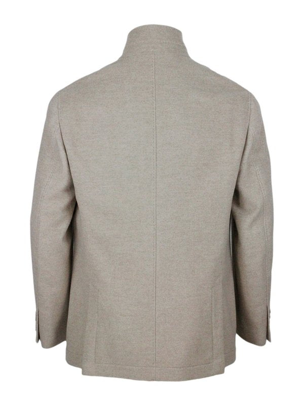 BRUNELLO CUCINELLI MEN'S ALMOND WOOL STAND COLLAR BUTTON JACKET