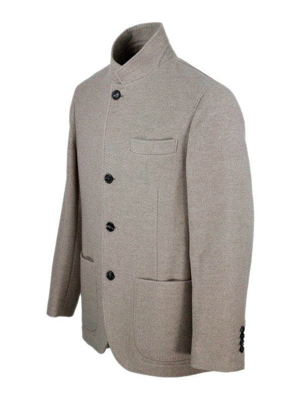BRUNELLO CUCINELLI MEN'S ALMOND WOOL STAND COLLAR BUTTON JACKET