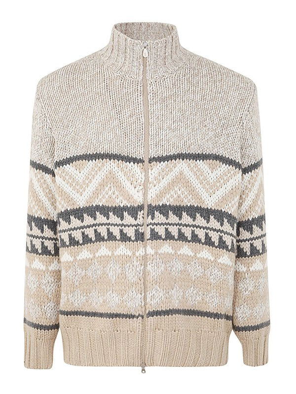 BRUNELLO CUCINELLI MEN'S CAMEL WOOL ZIP SWEATER